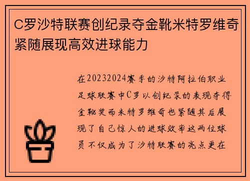 C罗沙特联赛创纪录夺金靴米特罗维奇紧随展现高效进球能力