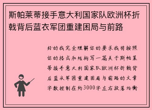 斯帕莱蒂接手意大利国家队欧洲杯折戟背后蓝衣军团重建困局与前路