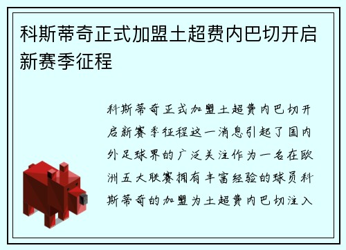 科斯蒂奇正式加盟土超费内巴切开启新赛季征程 科斯蒂奇正式加盟土超费内巴切开启新赛季征程